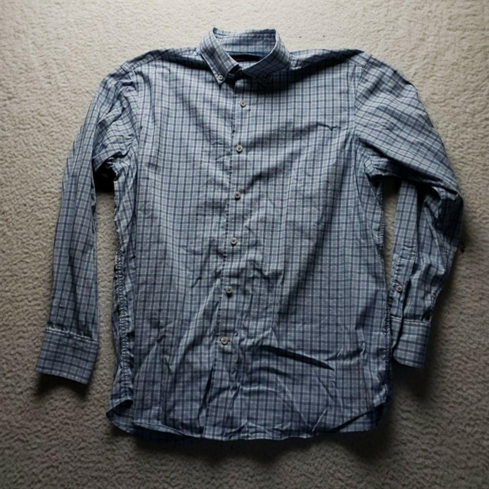 Cremieux Dress Shirt Mens L Blue Check Regular Fit Stretch Long Sleeve Woven